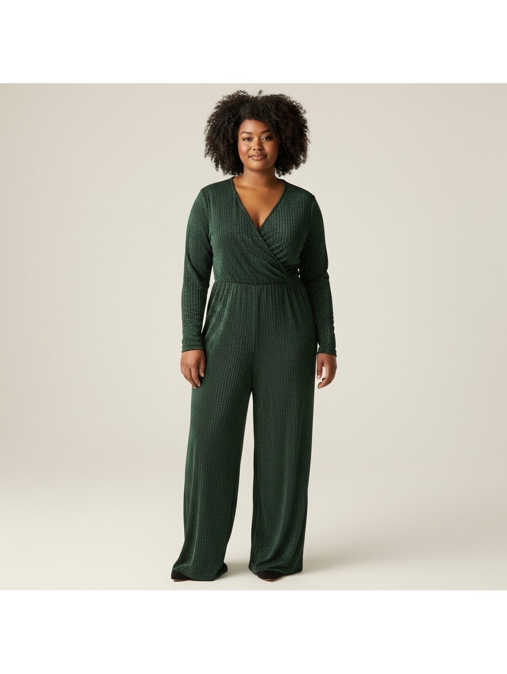 Unbranded Jumpsuit Women XL Green V-Neck Long Sleeve Wide Leg Stretch Casual